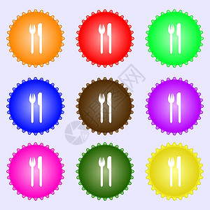 叉子线性图标食用符号图标 餐具符号 叉子和刀 一套九种不同颜色的标签背景