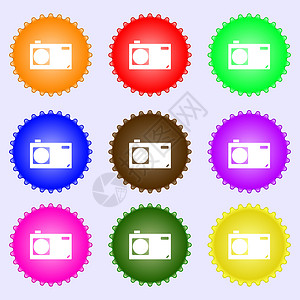 照片摄影机标志图标 数字符号 九种不同颜色的标签背景图片