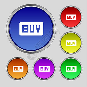 购买 在线购买美元使用图标符号 在亮彩色按钮上的圆形符号背景图片