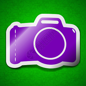 照相机图标标志 绿色背景的彩色粘贴符号标签插图按钮令牌邮票摄影框架边界质量摄影师镜片背景图片