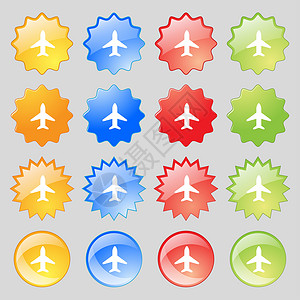 飞机 飞机 旅行 飞行图标标志 有16个彩色现代按钮用于设计背景图片