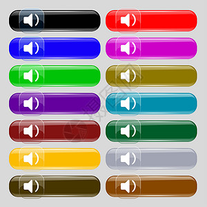 扬声器音量 声音图标标志 设置从十四个多彩多姿的玻璃按钮与文本的地方创造力质量角落徽章海浪立体声技术邮票标识音乐背景图片