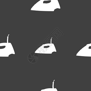 家政图标铁图标符号 灰色背景上的无缝图案电缆器具熨斗家庭家政房子电子产品织物衣服洗衣店背景