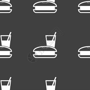 汉堡图标菜单框图标符号 在灰色背景上无缝模式烹饪面条咖啡店早餐土豆汉堡饭盒店铺勺子芝士背景