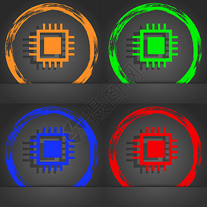 芯片图标中央处理单元图标 技术方案圆圈符号 时尚的现代风格 在橙色 绿色 蓝色 红色设计中背景