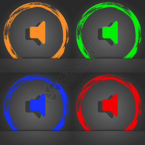 扬声器音量 声音图标符号 时尚的现代风格 在橙色 绿色 蓝色 绿色设计创造力插图六边形体积阴影邮票立体声按钮标签海豹背景图片