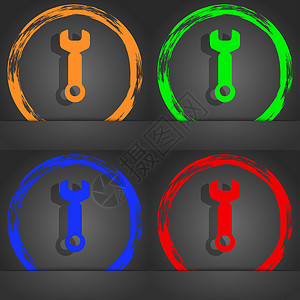 扳手钥匙标志图标 服务工具符号 时尚的现代风格 在橙色 绿色 蓝色 红色设计中海豹质量技术邮票作坊徽章圆形标签插图螺丝背景图片