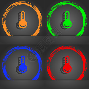 温度计按钮素材温度计 温度图标符号 时尚的现代风格 在橙色 绿色 蓝色 绿色设计背景