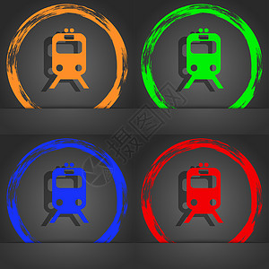火车图标符号 时尚的现代风格 在橙色 绿色 蓝色 绿色设计民众城市游艇渡船货物电车铁路交通航程速度背景图片