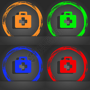急救箱图标符号 时尚的现代风格 在橙色 绿色 蓝色 绿色设计背景