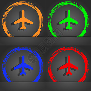 管家图标飞机图标符号 时尚的现代风格 在橙色 绿色 蓝色 绿色设计标签管家速度横幅翅膀地球护照航空喷射手提箱背景