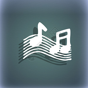 蓝绿色抽象背景上的音符 音乐 铃声图标符号 带有文本的阴影和空间打碟机记录娱乐网络旋律手机收音机乐器歌曲立体声背景