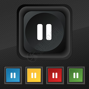 暂停图标符号 在黑色纹理上为设计设置5个彩色 时髦的按钮控制反射标识视频玩家互联网网络音乐插图控制板背景图片