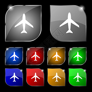 飞机标志 平面符号 旅行图标 飞行平面标签 设置彩色按钮邮票质量艺术喷射海豹旅游航空翅膀徽章创造力背景图片