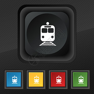 列车图标列图标符号 在黑色纹理上为设计设置五个彩色 时髦的按钮地铁摩托车车辆民众插图车轮旅行团体飞机血管背景