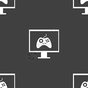 游戏模式游戏和监视器符号图标 视频游戏符号 灰色背景上的无缝模式邮票按钮海豹竞赛盒子机顶盒标签电脑社会令牌背景