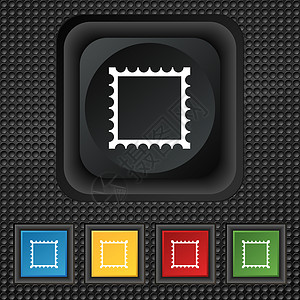 方形邮票照片框模板图标符号 黑色纹理上的方形彩色按钮符号背景