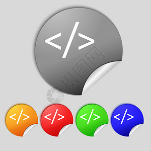 彩色语言框代码符号图标 编程语言符号 一组彩色按钮网络插图服务器语言脚本数据编程编码质量网站背景