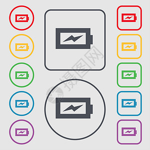 电池充电图标符号 圆形上的符号和带边框的平方按钮背景图片