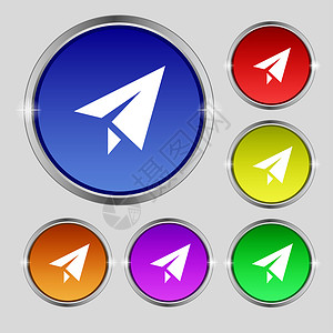 纸机图标符号 亮彩色按钮上的圆形符号翅膀游戏插图乐趣飞机折纸航空旅行玩物自由背景图片