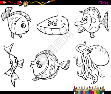 拖尾纱海洋动物成套颜色页面插画