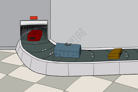 B 行李索赔中的各种物品场景手提箱载体狗窝插图红色方格手绘卡通片传送带背景图片