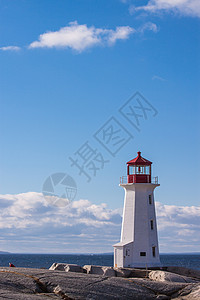 佩佩新斯科舍省佩吉斯湾地区沿海景象蓝色观光旅游灯塔支撑崎岖风景海岸钓鱼天空背景