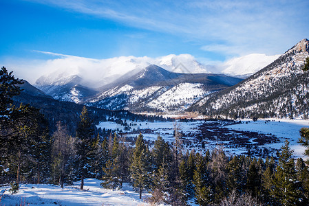 埃斯蒂斯帕克冬季落基山脉滑雪晴天首脑林业丘陵踪迹健走天气高山风景背景