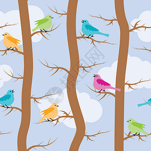 与鸟类和树木无缝重复模式的矢量插图花园麻雀风格艺术唱歌装饰树干季节森林背景图片