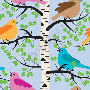 与鸟类和白树无缝重复模式的矢量背景图片