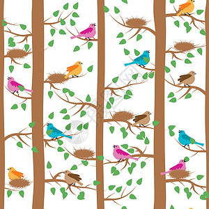 与鸟类和树木无缝重复模式的矢量花园树干稻草艺术风格卡通片森林蓝色装饰绘画背景图片