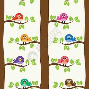 与鸟类和树木无缝重复模式的矢量树干风格插图树叶装饰绘画卡通片麻雀花园季节背景图片