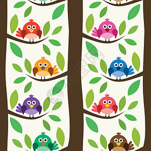 与鸟类和树木无缝重复模式的矢量树叶装饰插图风格蓝色麻雀森林艺术卡通片绘画背景图片