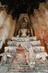 盛世启幕泰国的Ayutthaya 历史公园中的佛教寺庙建筑蓝色古董纪念馆旅行材料雕塑统治地标旅游背景