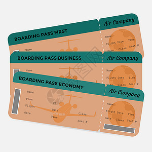 航班信息一套航空公司登机证 白背景孤立的橙色和绿色机票设计图片