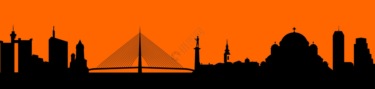 城市教会贝尔格莱德城市建筑天际插图房屋建筑学黑色建筑物地平线橙子插画