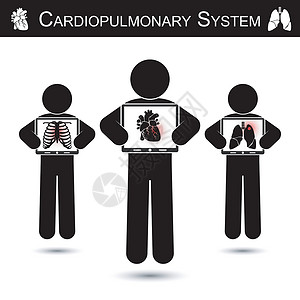 心肺系统 人体手持监视器屏幕并显示骨骼 胸部损伤 心脏 心肌梗塞 肺 肺结核 CPR 概念 的成像插画