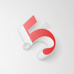 白色数字5字母顺序收藏 3D字符5的线框 矢量阴影白色坡度网格字体数字红色艺术金属凸版设计图片