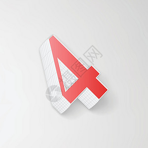 英语4级字母顺序收藏 3d字符4的线框 矢量英语字体红色凸版插图白色多边形金属艺术几何学设计图片