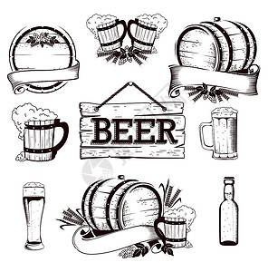 较大啤酒套杯子娱乐植物白色大麦插图木头字符酒花配料杯插画