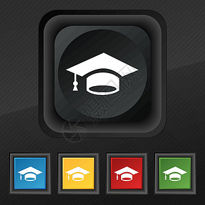 毕业图标符号 为您的设计设置黑色纹理上的五个彩色时尚按钮 韦克托研究生文凭知识帽子砂浆教育学习庆典仪式插图背景图片