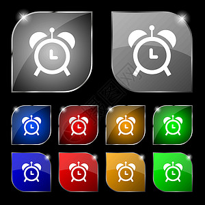 黑色闹钟闹钟图标标志 套与强光的十个五颜六色的按钮 韦克托倒数小时日历模拟圆圈测量商业黑色手表时间插画