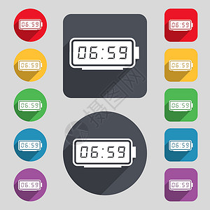 猫咪闹钟按钮闹钟图标标志 一组 12 个彩色按钮和一个长长的阴影 平面设计 韦克托手表日历模拟商业插图时间黑色测量圆圈倒数插画