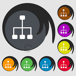 社交网络图标 八个有色按钮上的符号符号 矢量社会计算插图技术全球团队团体互联网推介会营销背景图片