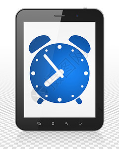 时间线概念 显示有提醒时钟的板板 Pc 计算机手表历史展示软垫药片蓝色警报笔记本电脑倒数背景图片