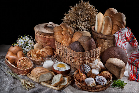 俄罗斯国家风格的 仍然有面包的生活产品工作室乡村桌布餐具食物团体背景图片