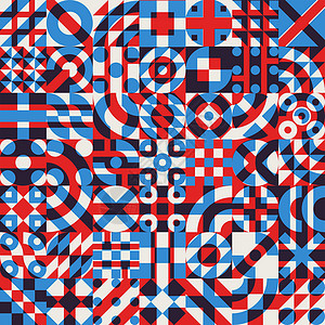 无矢量接缝的蓝红白颜色重叠非常规几何区块 Quilt 模式插画