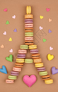 马卡龙埃菲尔铁塔法国甜多彩 心明信片巧克力饼干咖啡甜点婚礼黄色生日背景图片