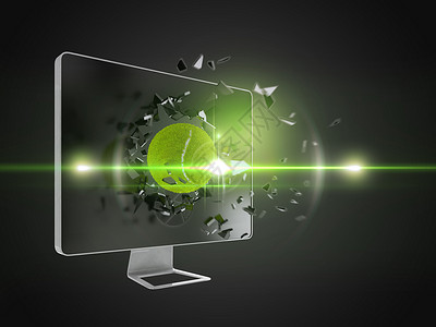 网球摧毁电脑屏幕框架监视器绿色插图破坏运动技术展示电子背景图片