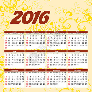 2016年日历英语规划师数字红色季节商业白色日程时间插图办公室背景图片